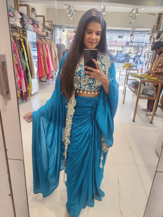 Blue cowl cape crepe dress