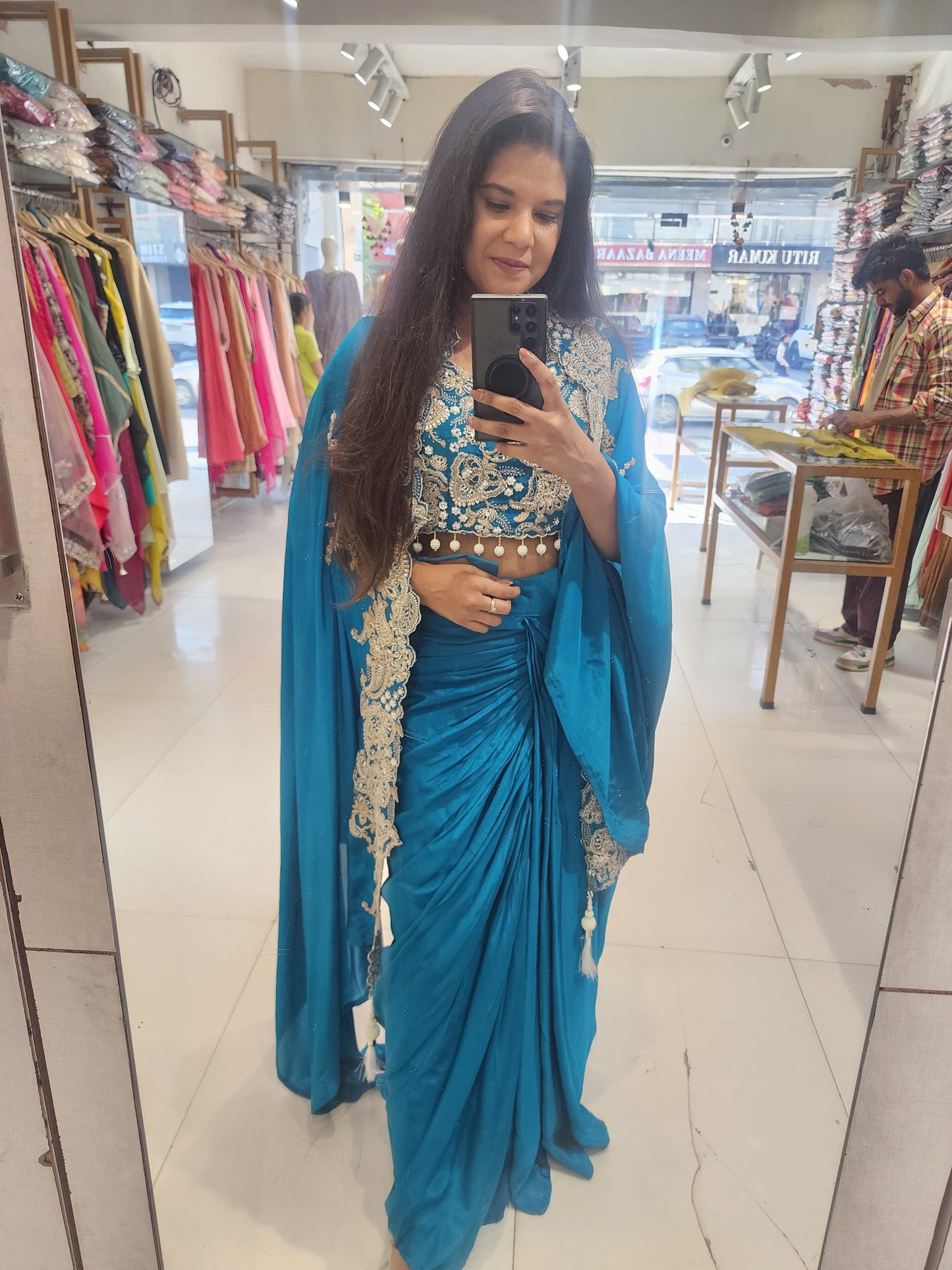 Blue cowl cape crepe dress