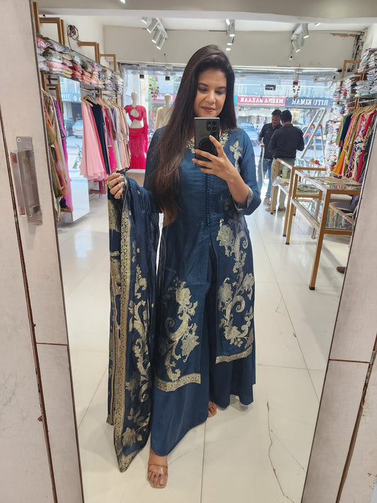 Blue centre slit indowestern dress