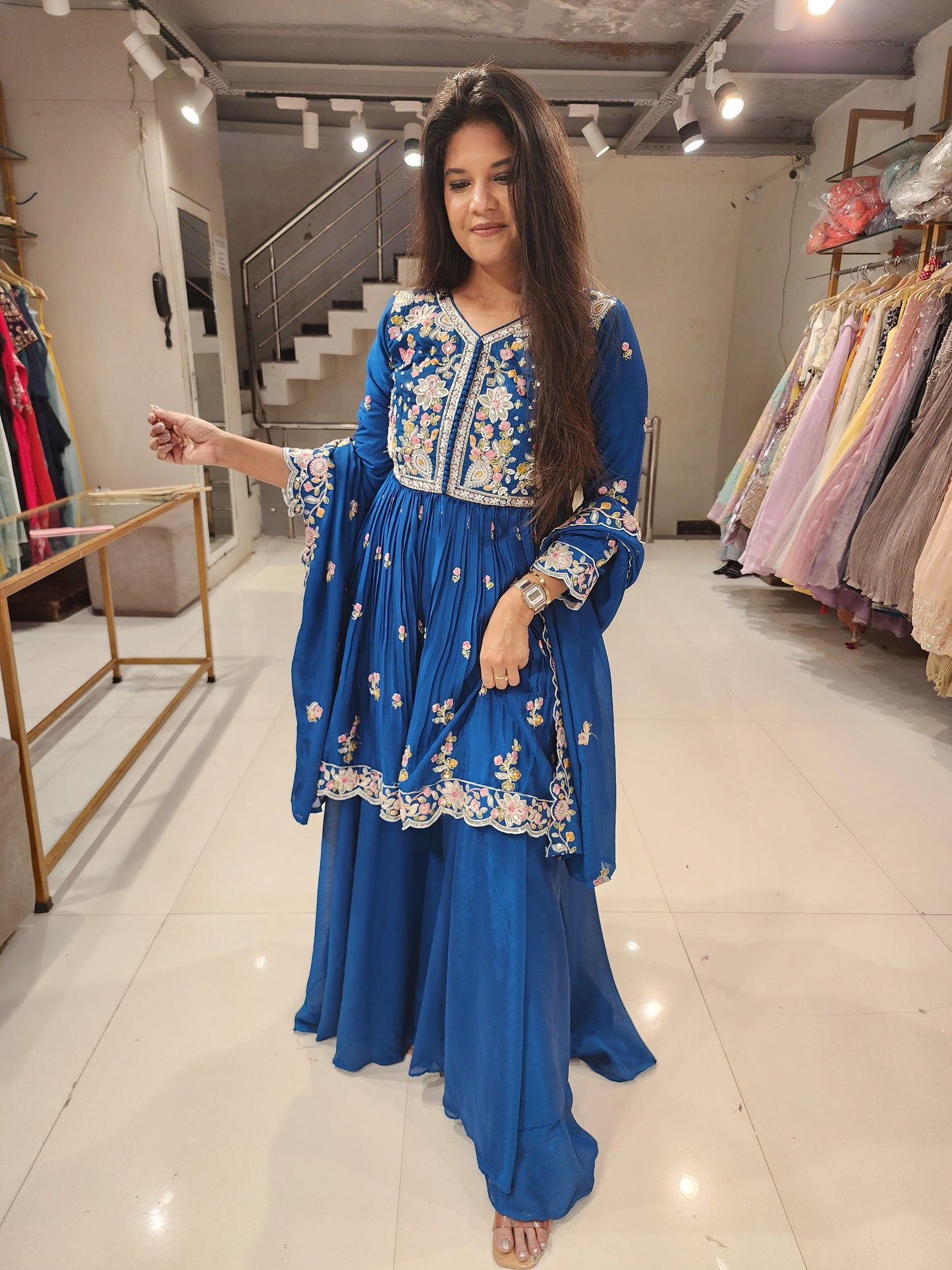 Blue embroided crepe peplum plazzo suit