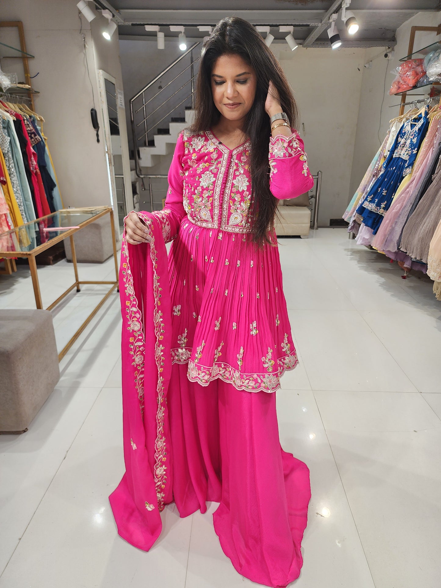 Hotpink embroided crepe plazzo suit