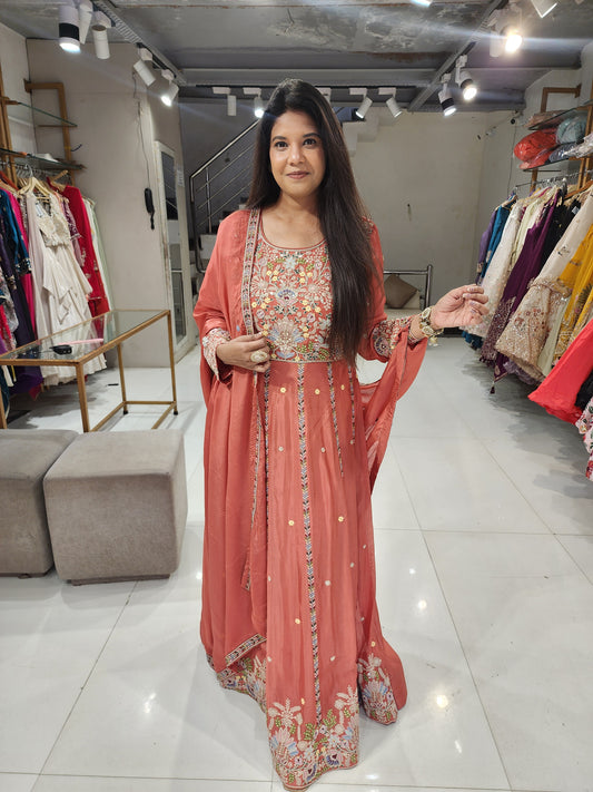 Burnt orange anarkali suit