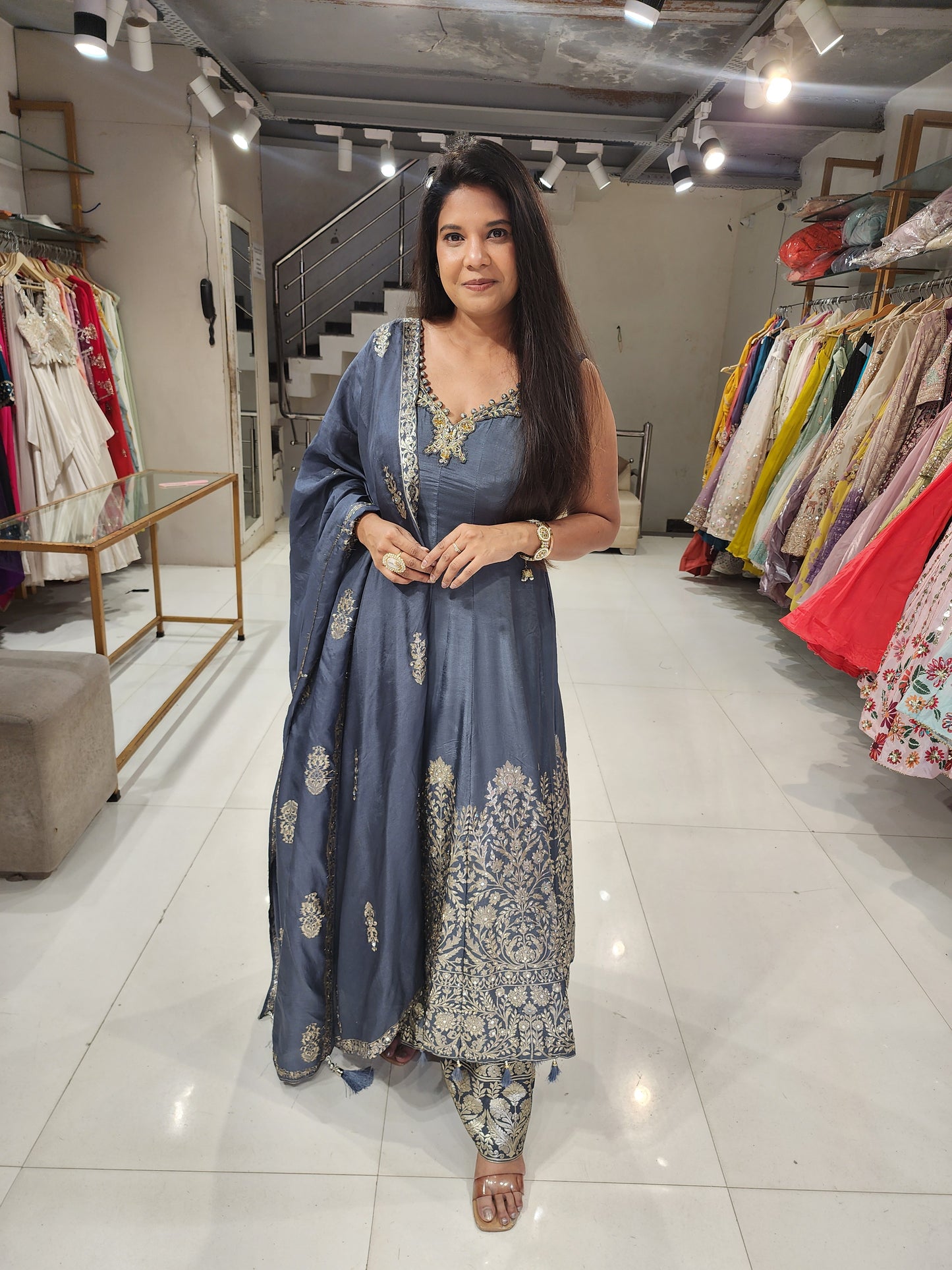 Metallick grey muslin anarkali suit