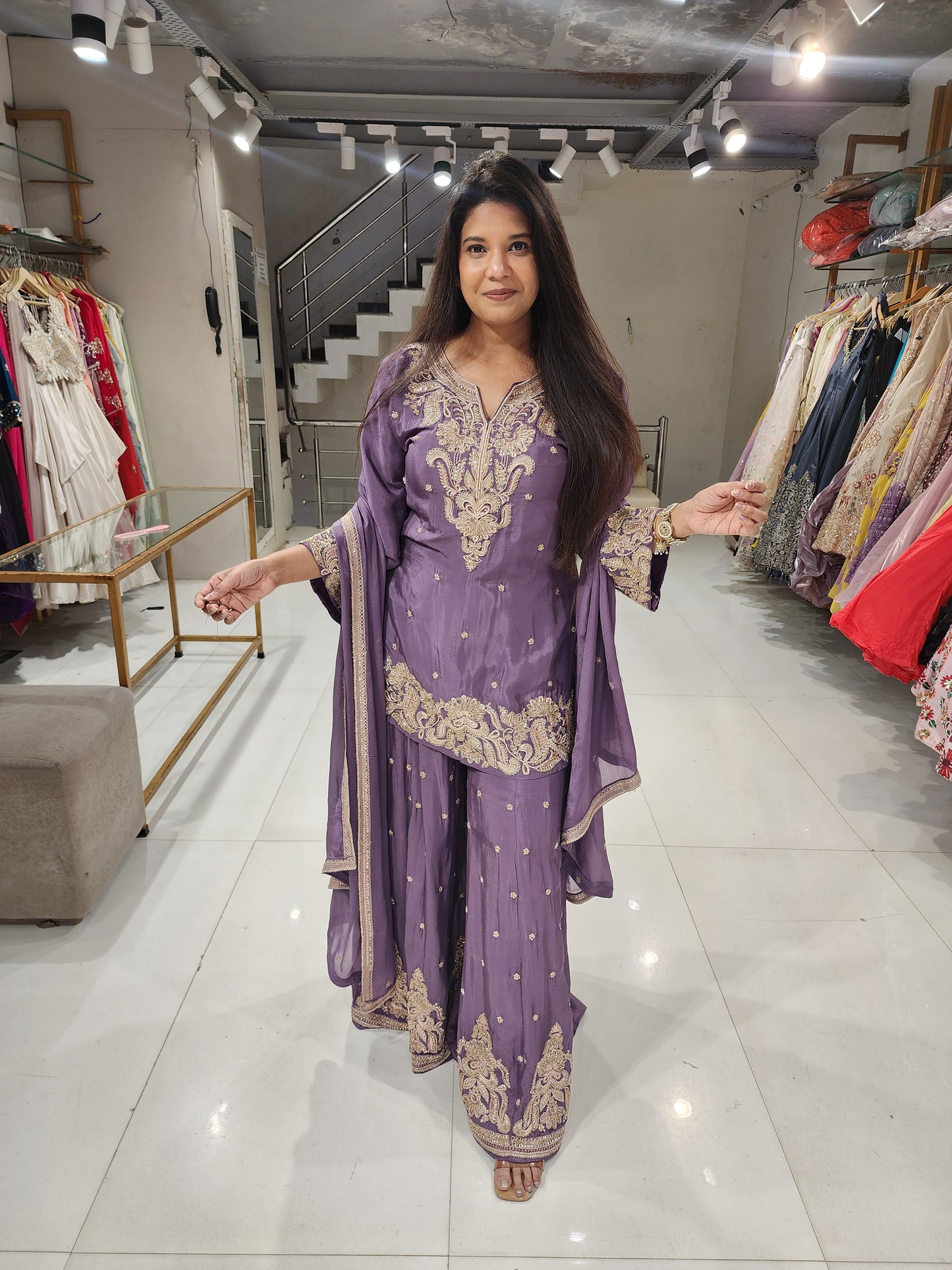 Purple embellished royal sharara suit