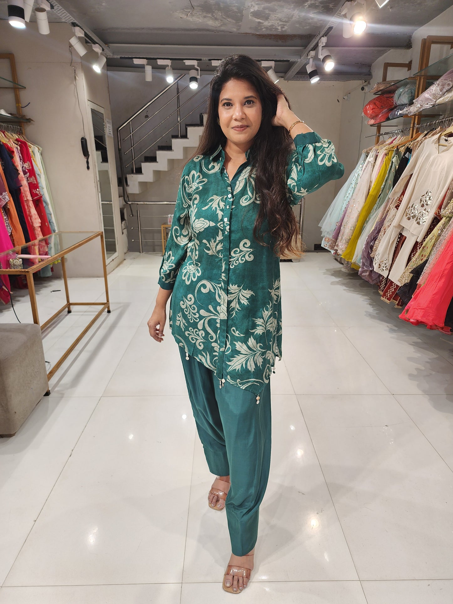 Green printed muslin farshi salwar co-ord