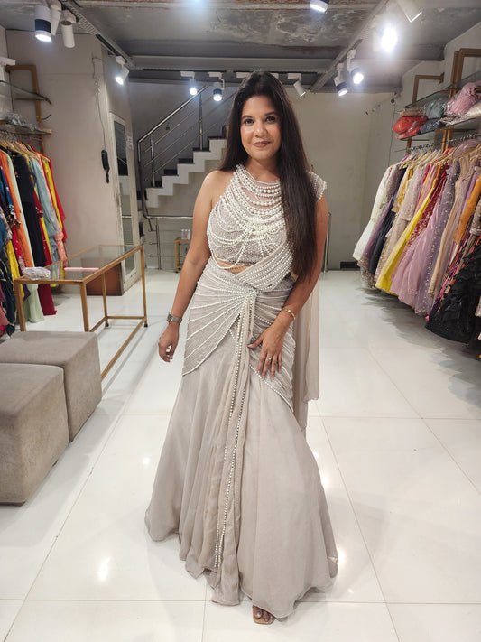 Champagne pearl fishcut lehenga set