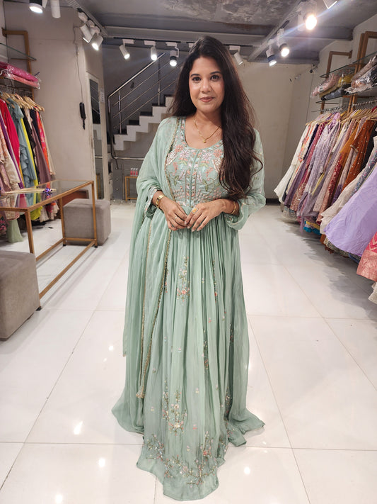 Green embroided maxi gown crepe