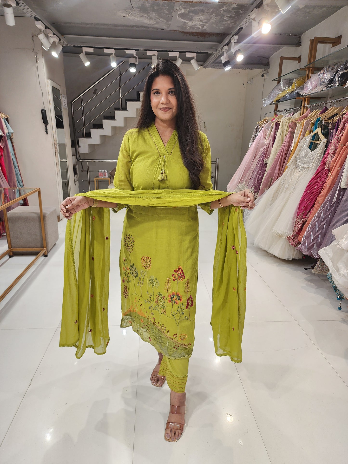 Mull cotton embroided straight cut suit