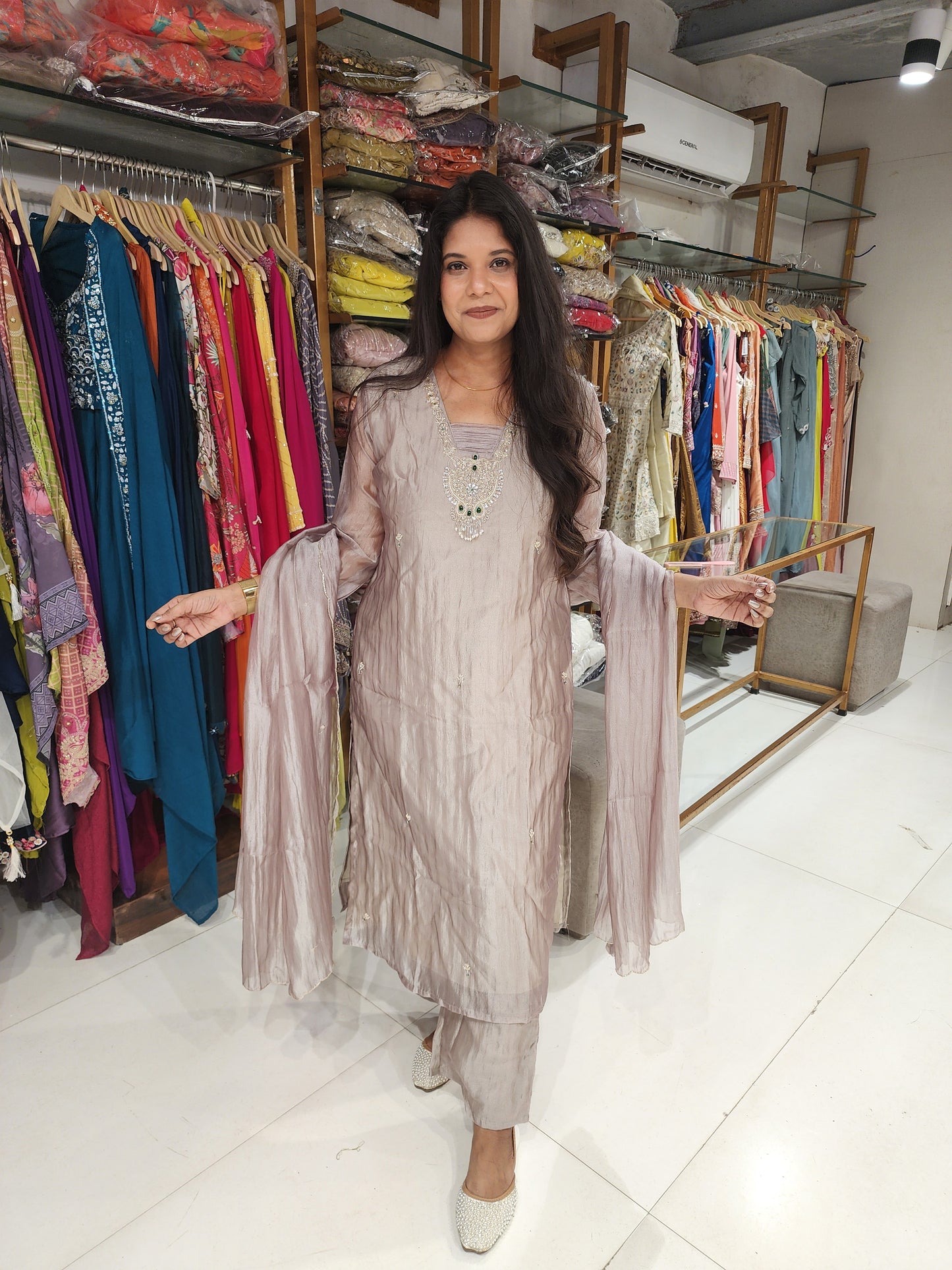 Organza tissue embroided straight cut suit