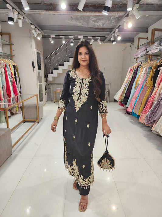 Black crepe side cut gotapatti dress