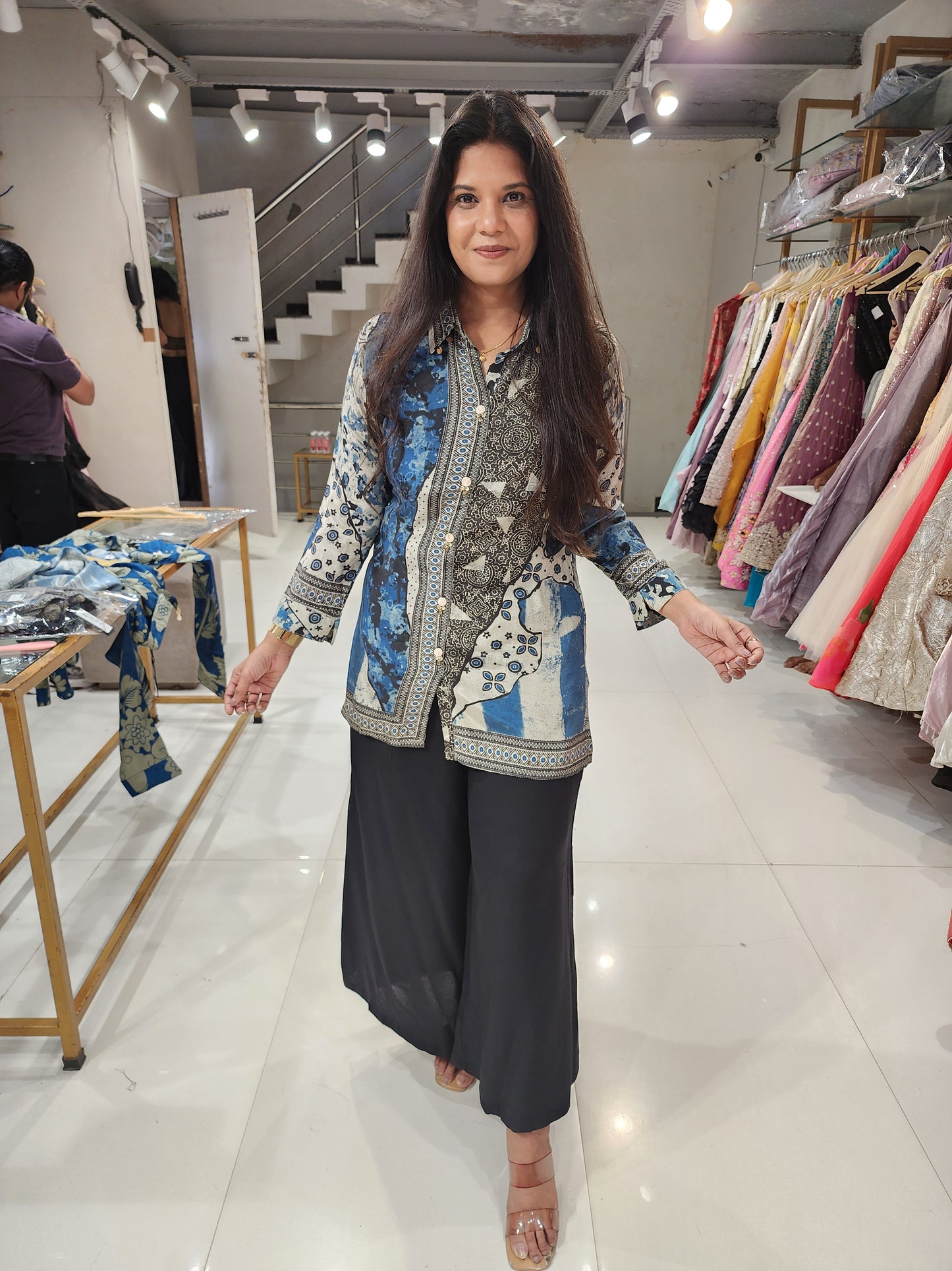 Printed muslin shirt with plazzo