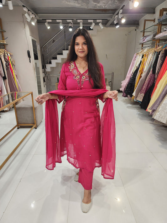 A line embroided mull cotton suit