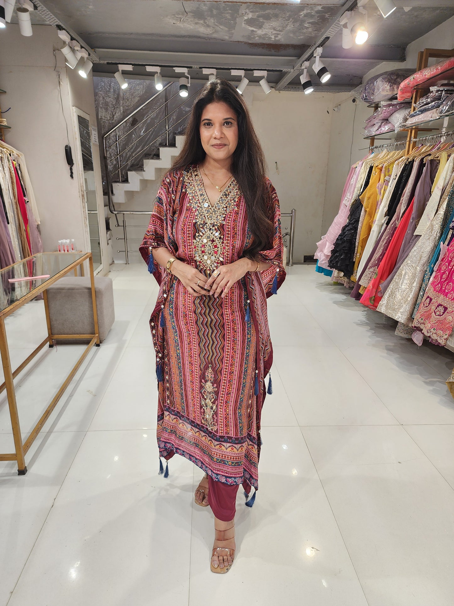 Crepe mirror work kaftaan set