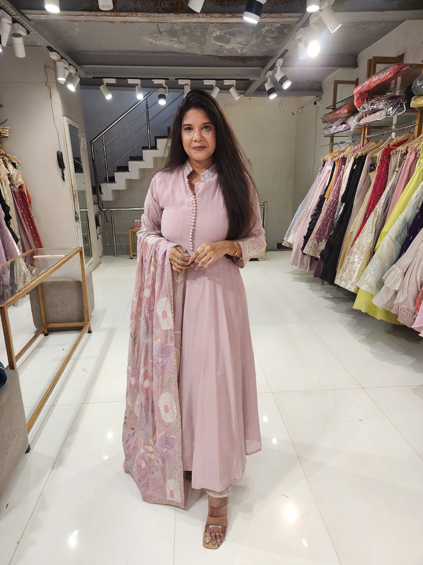 Pink anarkali suit with thread embroidery dupatta