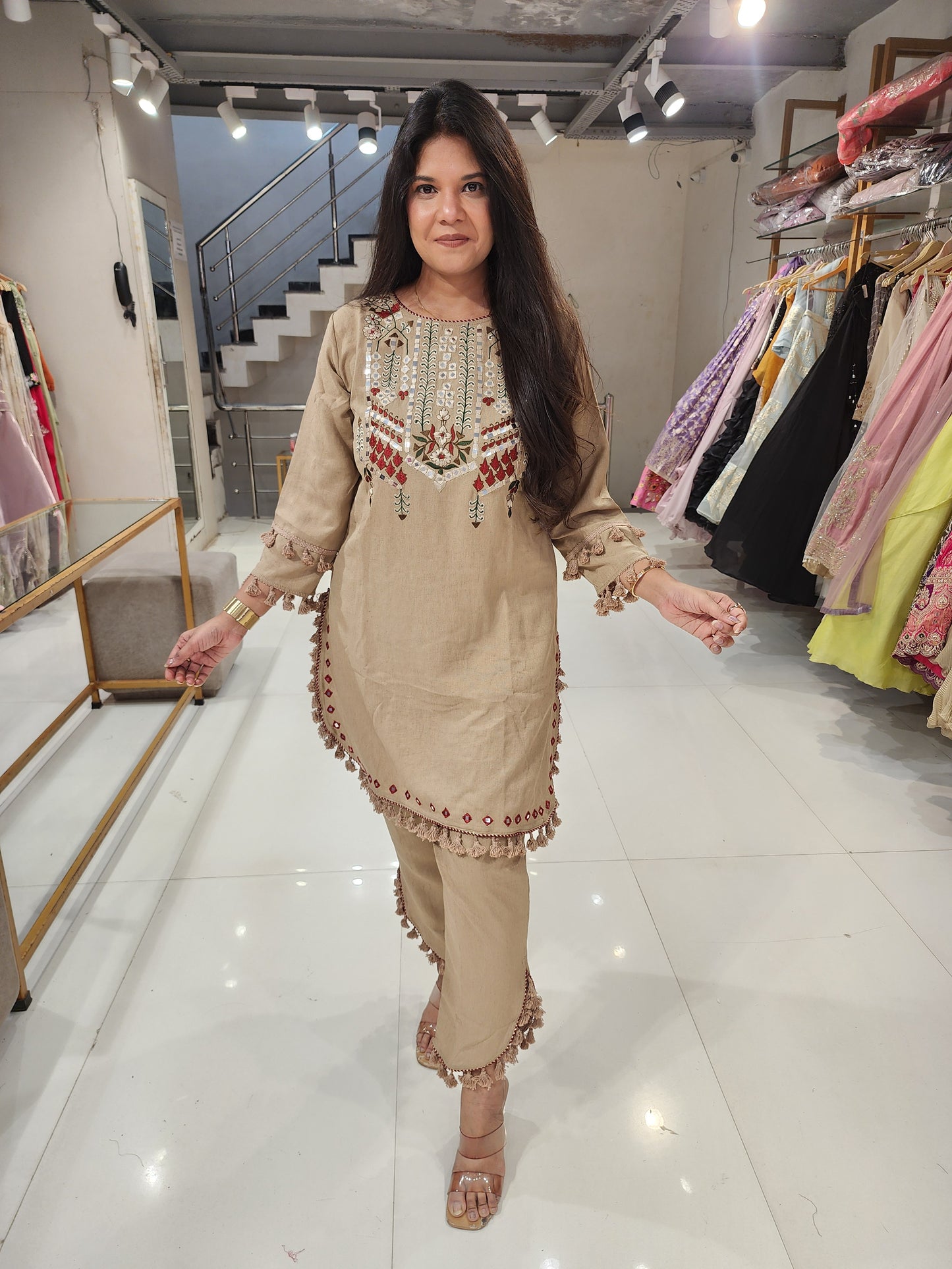 Brown tassels side cut pant co-ord