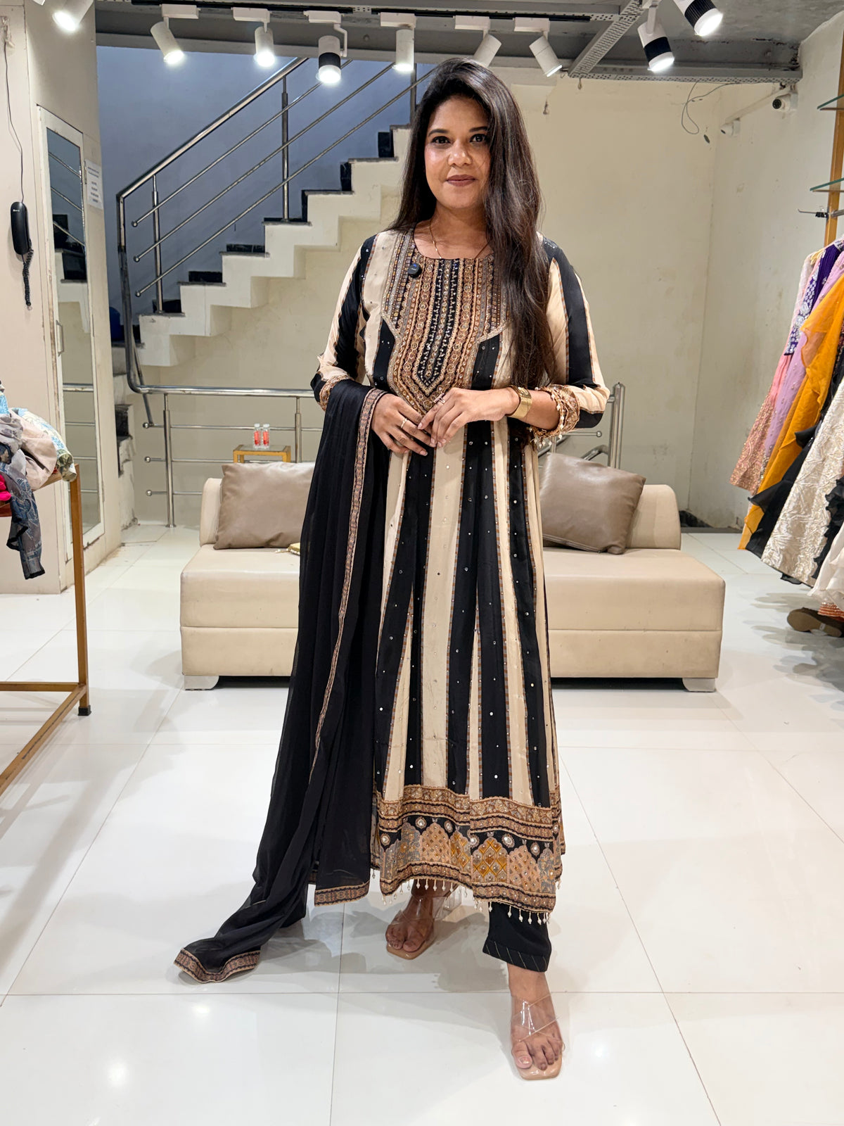 Black striped crepe anarkali suit