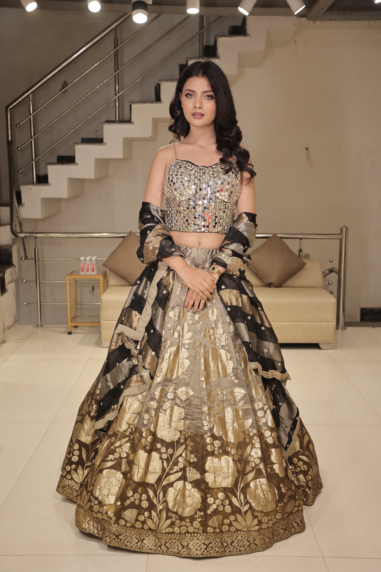 Black step mirror lehenga