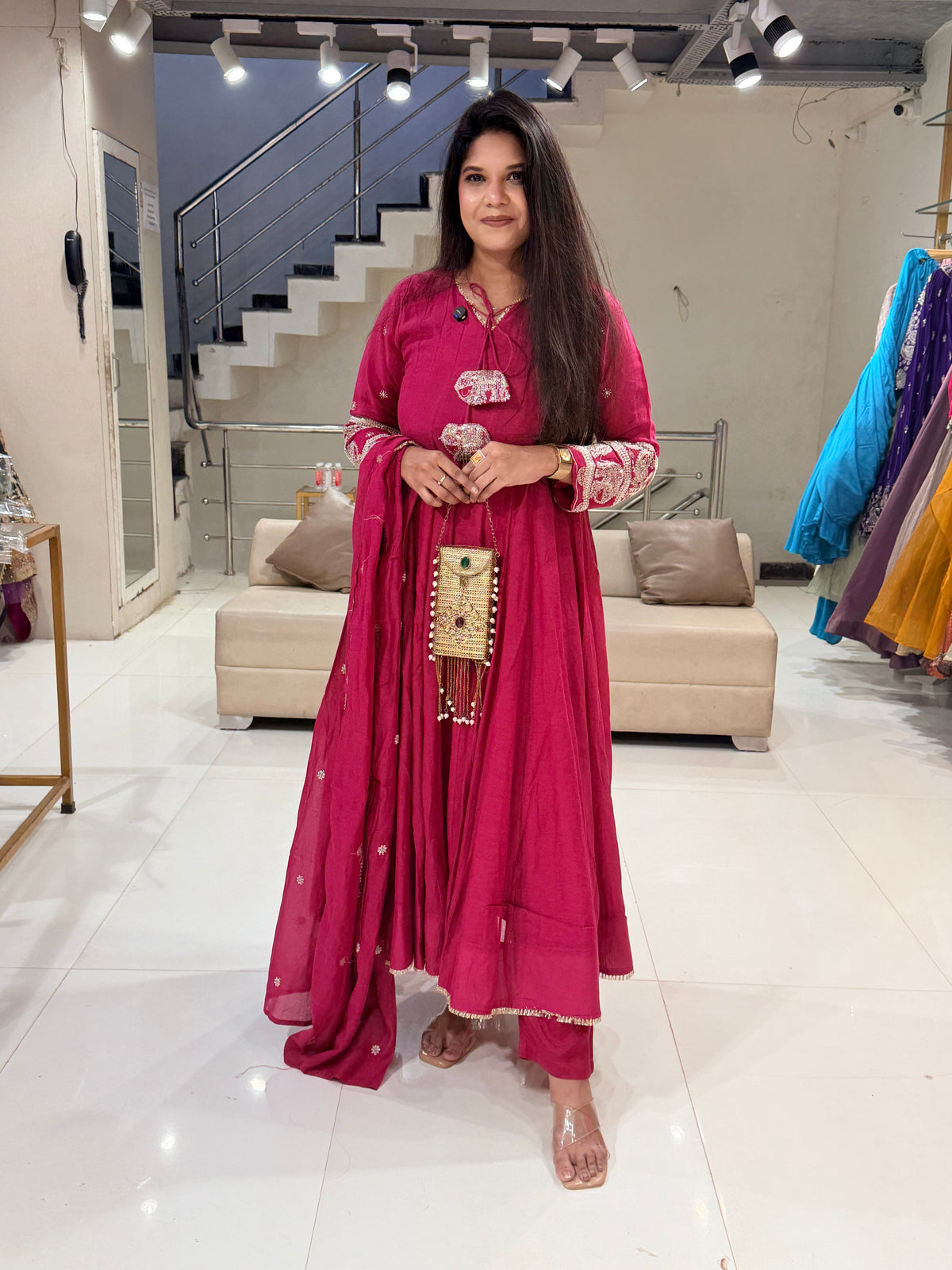 Banarasi Mull chanderi elephant work anarkali suit