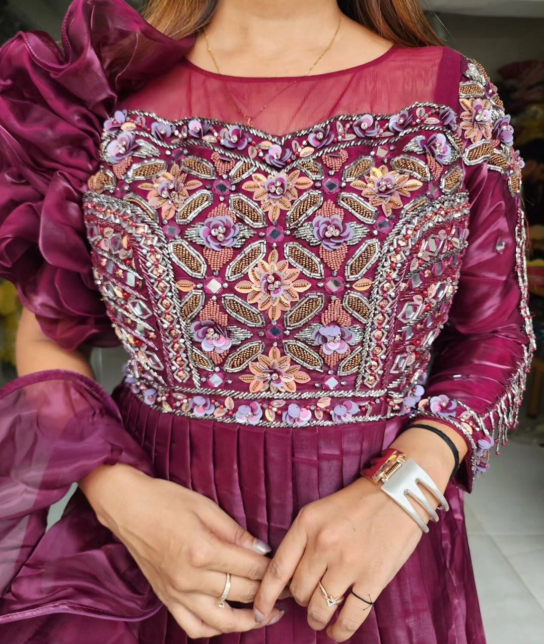 WINE FLOWER SHOULDER COCKTAIL GOWN