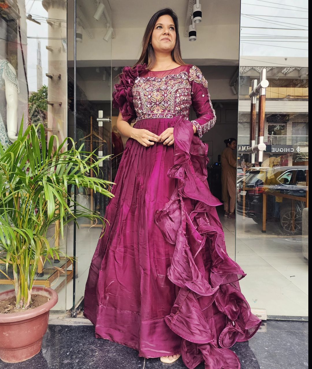 WINE FLOWER SHOULDER COCKTAIL GOWN