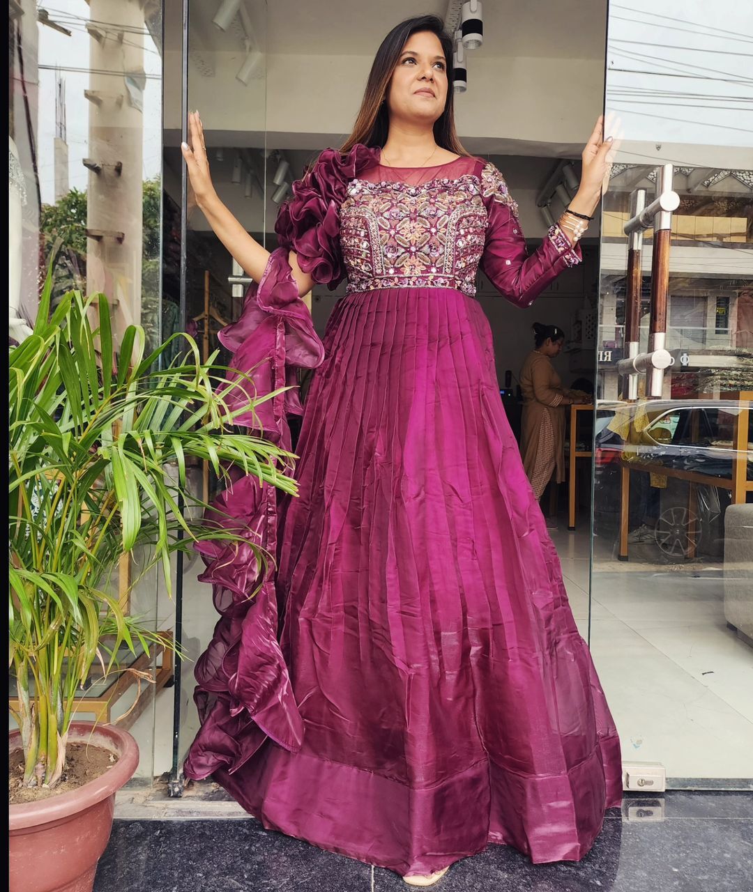 WINE FLOWER SHOULDER COCKTAIL GOWN