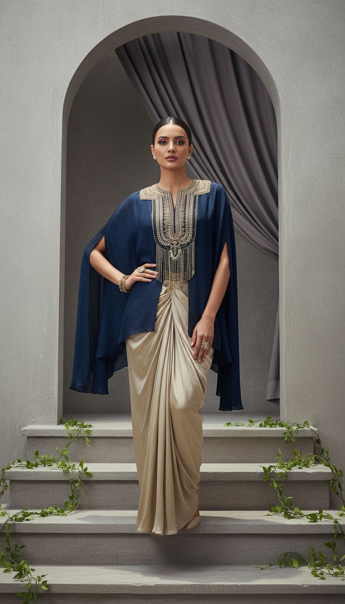 Zamara blue satin silk embellished cowl dress