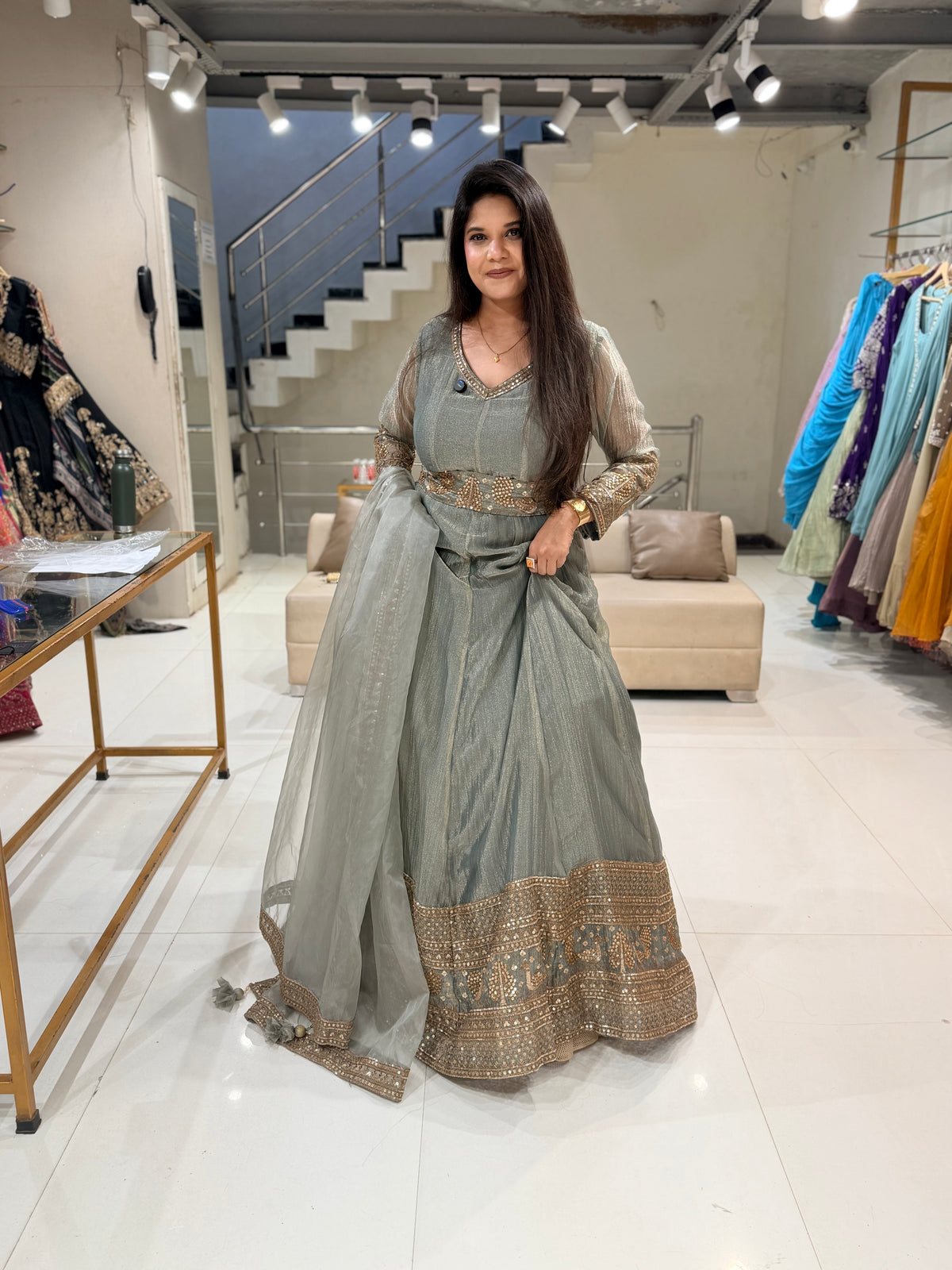 Crush tissue belt anarkali suit