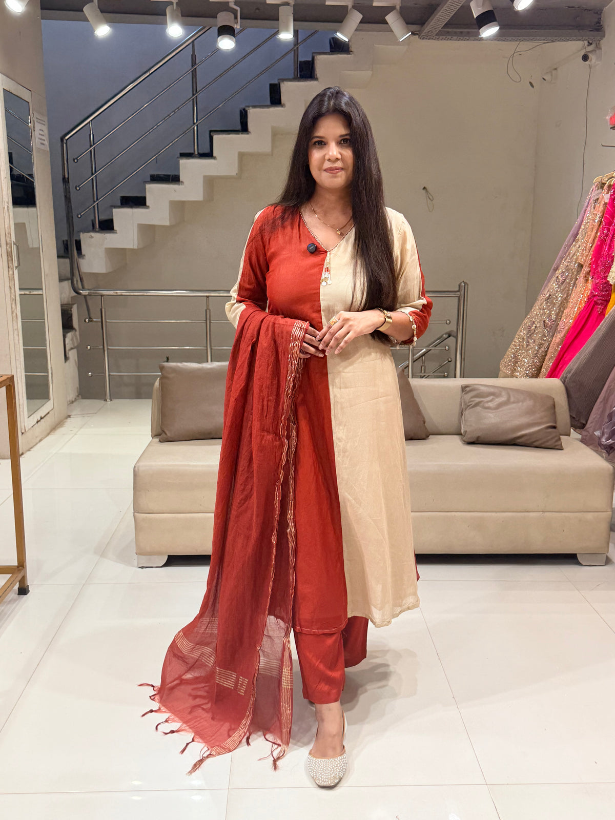 Mull chanderi half n half a line suit