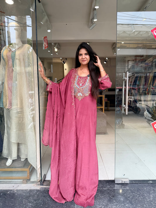 Chinon handwork embroided anarkali set