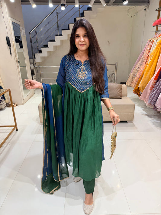 Mull chanderi peacock shades a line suit