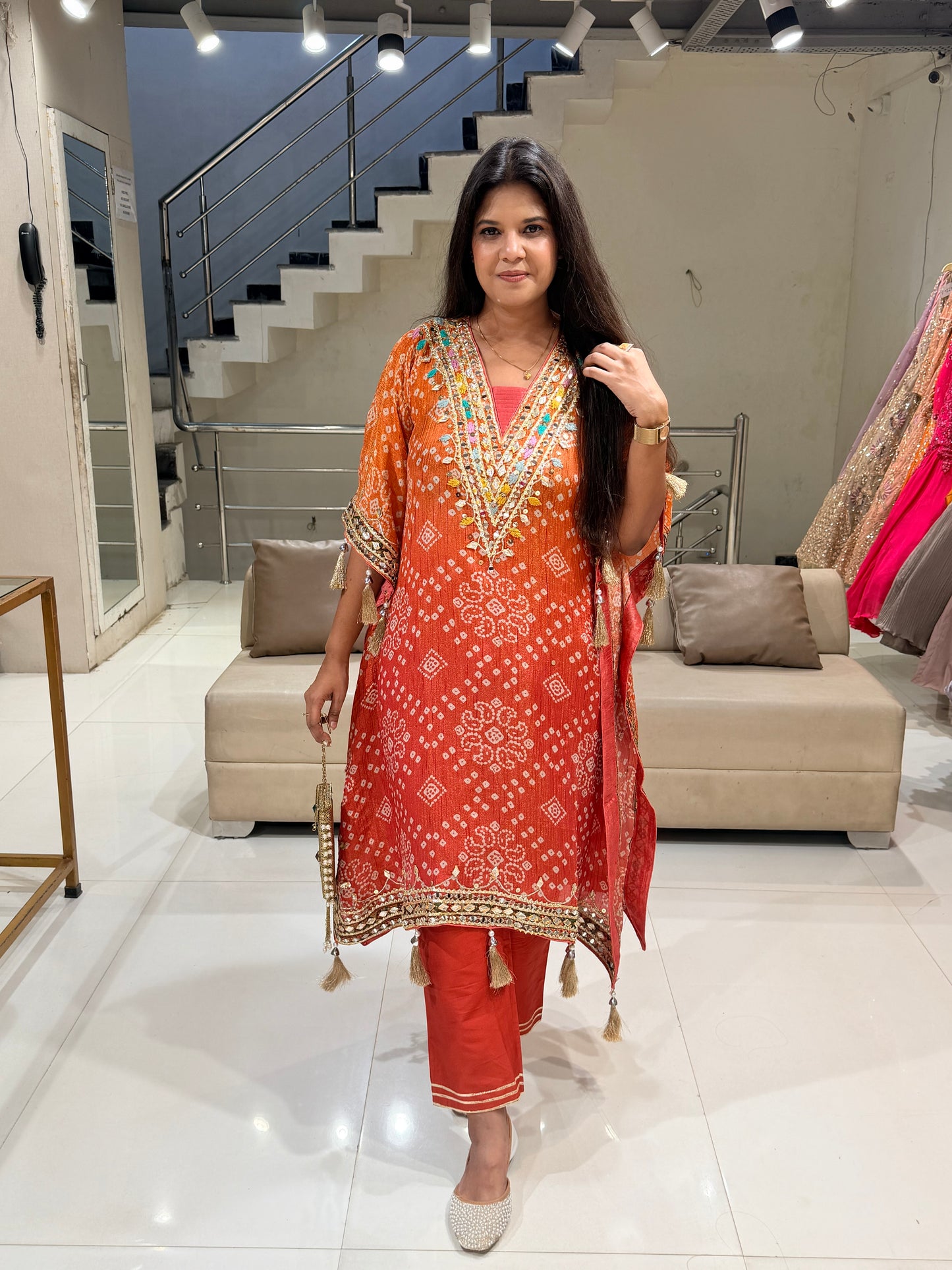 Bandhani crush tissue kaftaan suit