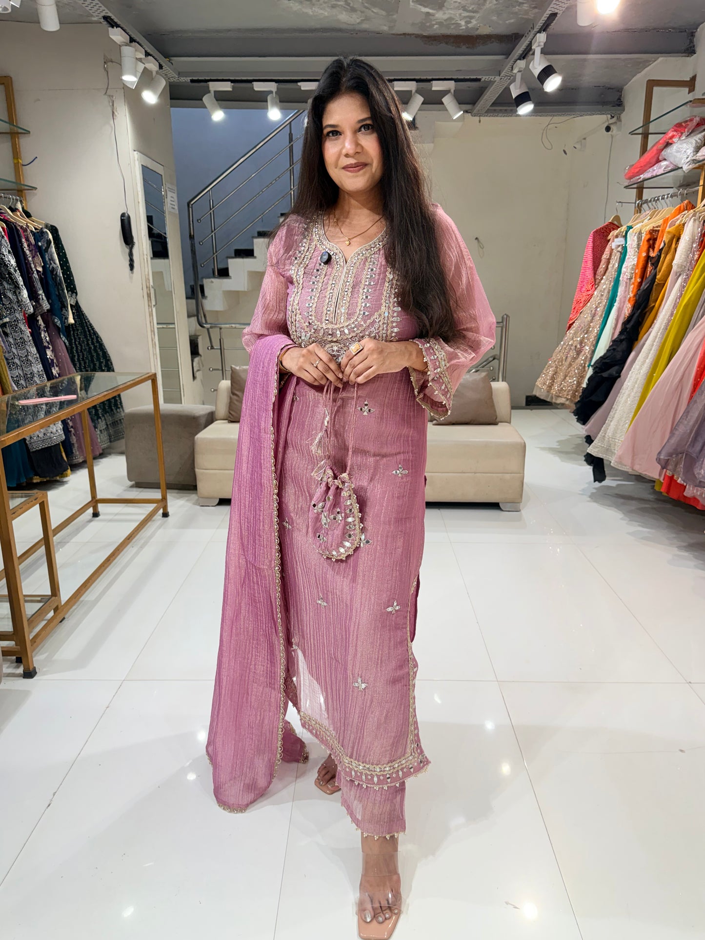 Crush tisue long kurta potli suit