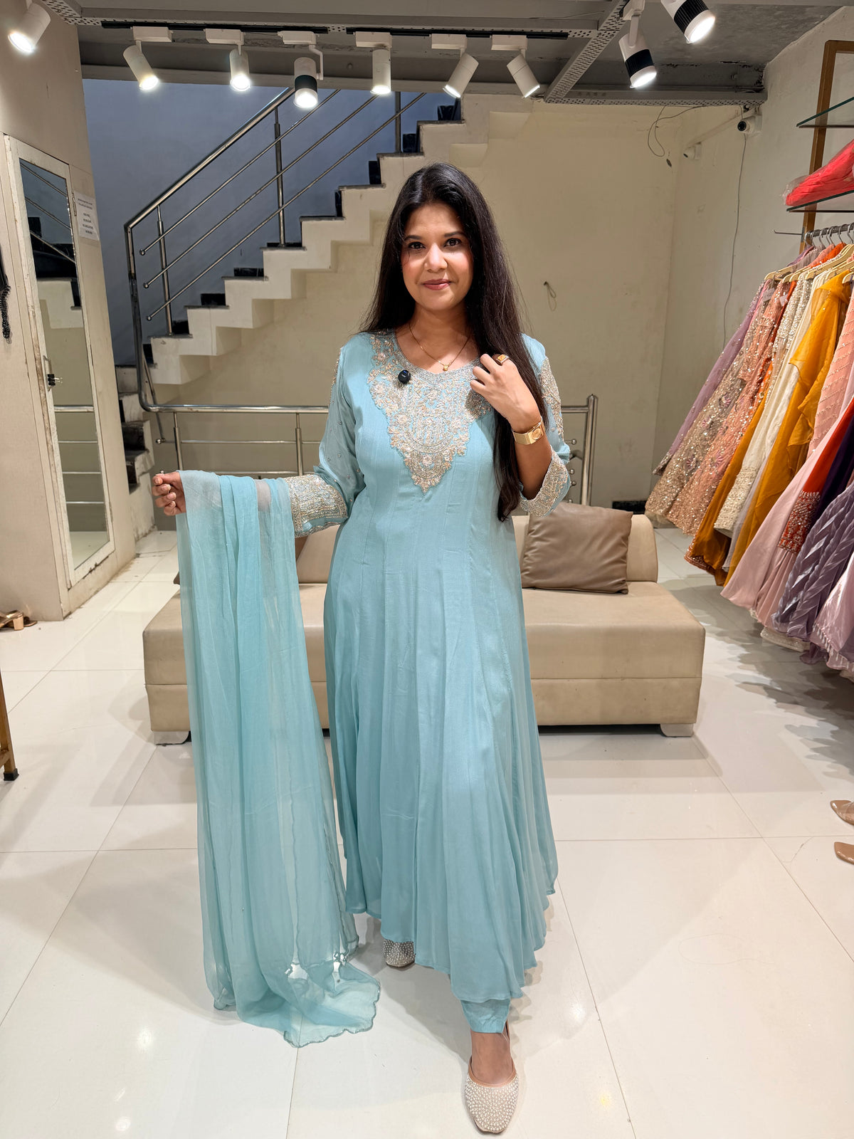Blue anarkali chinon embellished suit