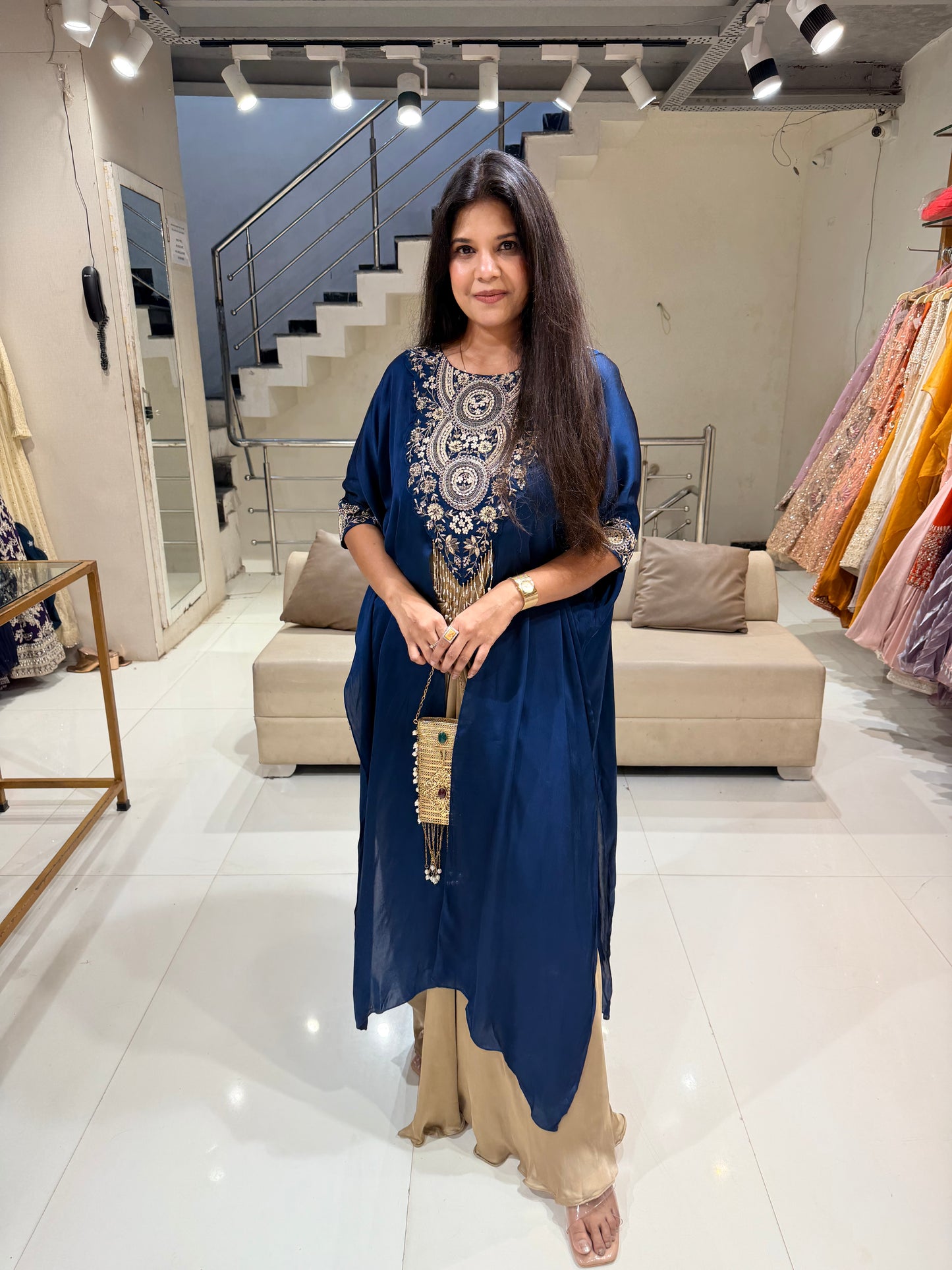 Blue cape indowestern satin silk dress