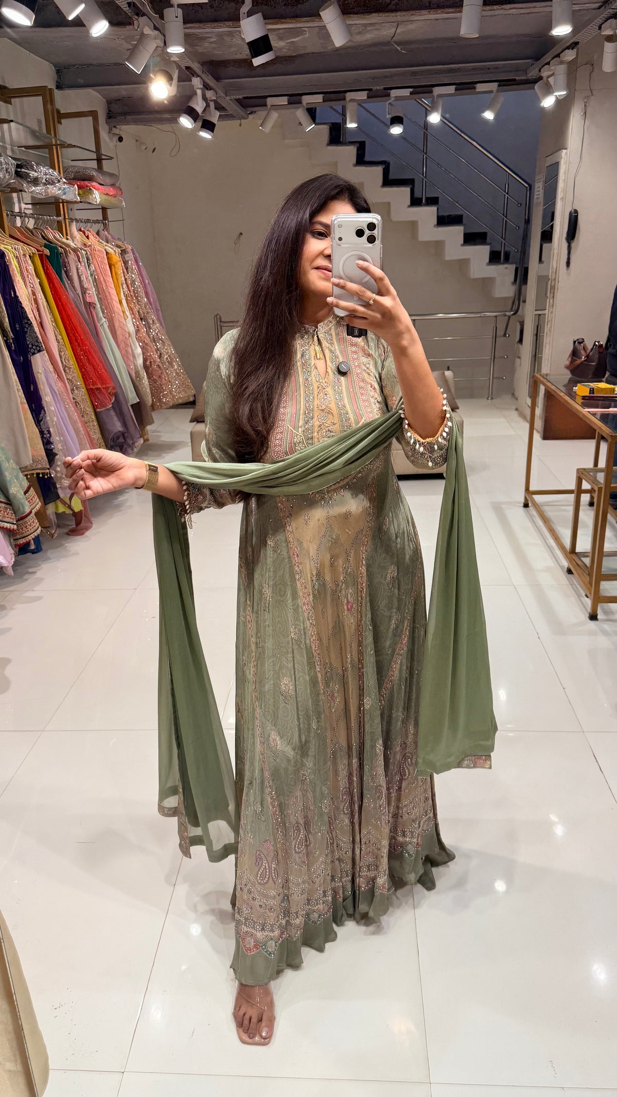 Green printed crepe anarkali