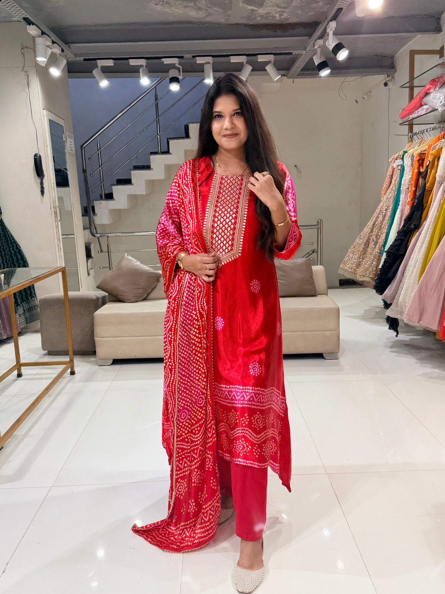 Red bandhani gajji suit