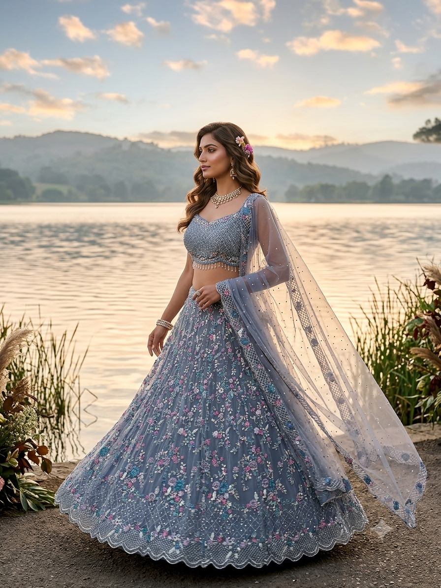 Net embroided lehenga set