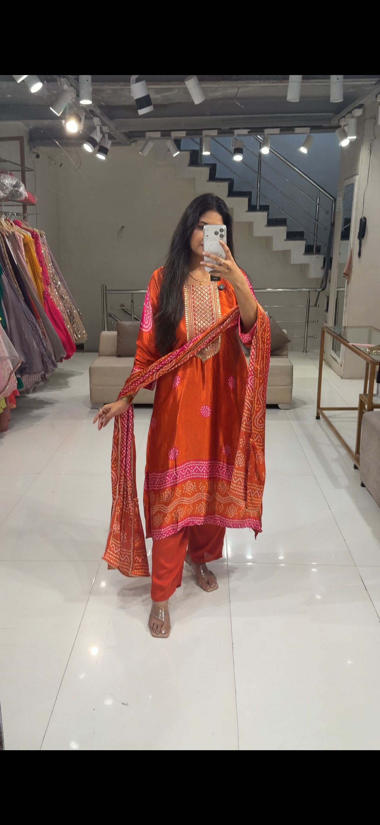 Bandhani print gajji silk suit