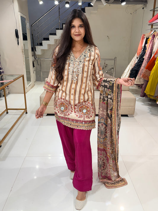 Mirror work farshi crepe suit