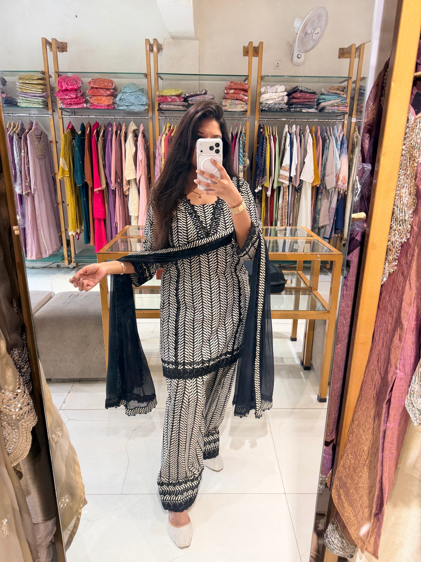 Black n off white stripe mirror work farshi suit