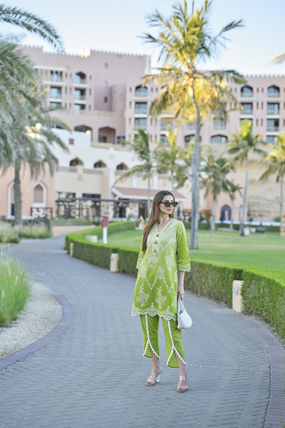 Cool mint green schiffly co-ord tulip pant with kurta