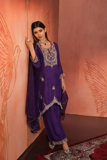 Royal purple embellished high low suit