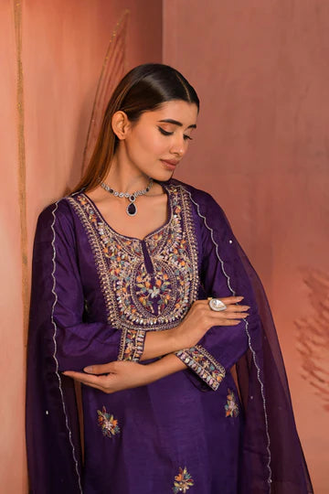 Royal purple embellished high low suit