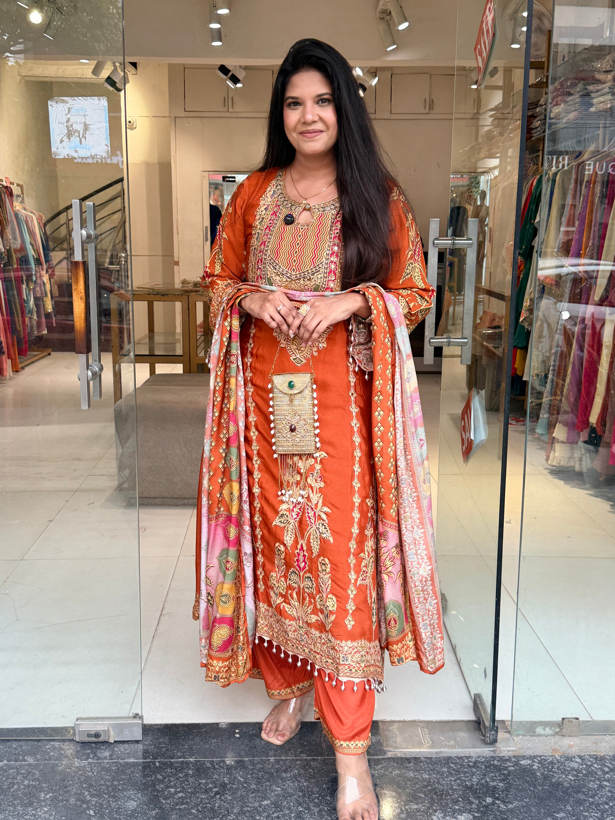 Digital print muslin a line suit