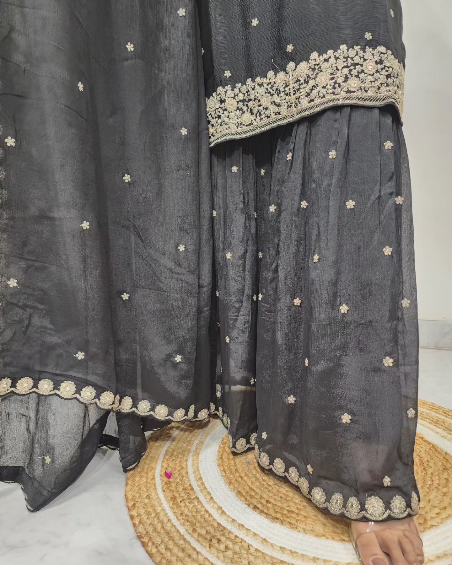 Geet black embroidered round cut garara suit