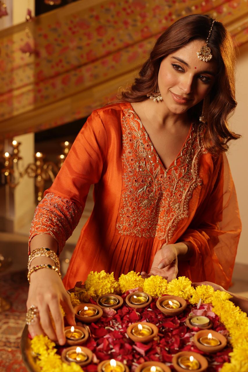 Gulmohar orange embellished straight suit