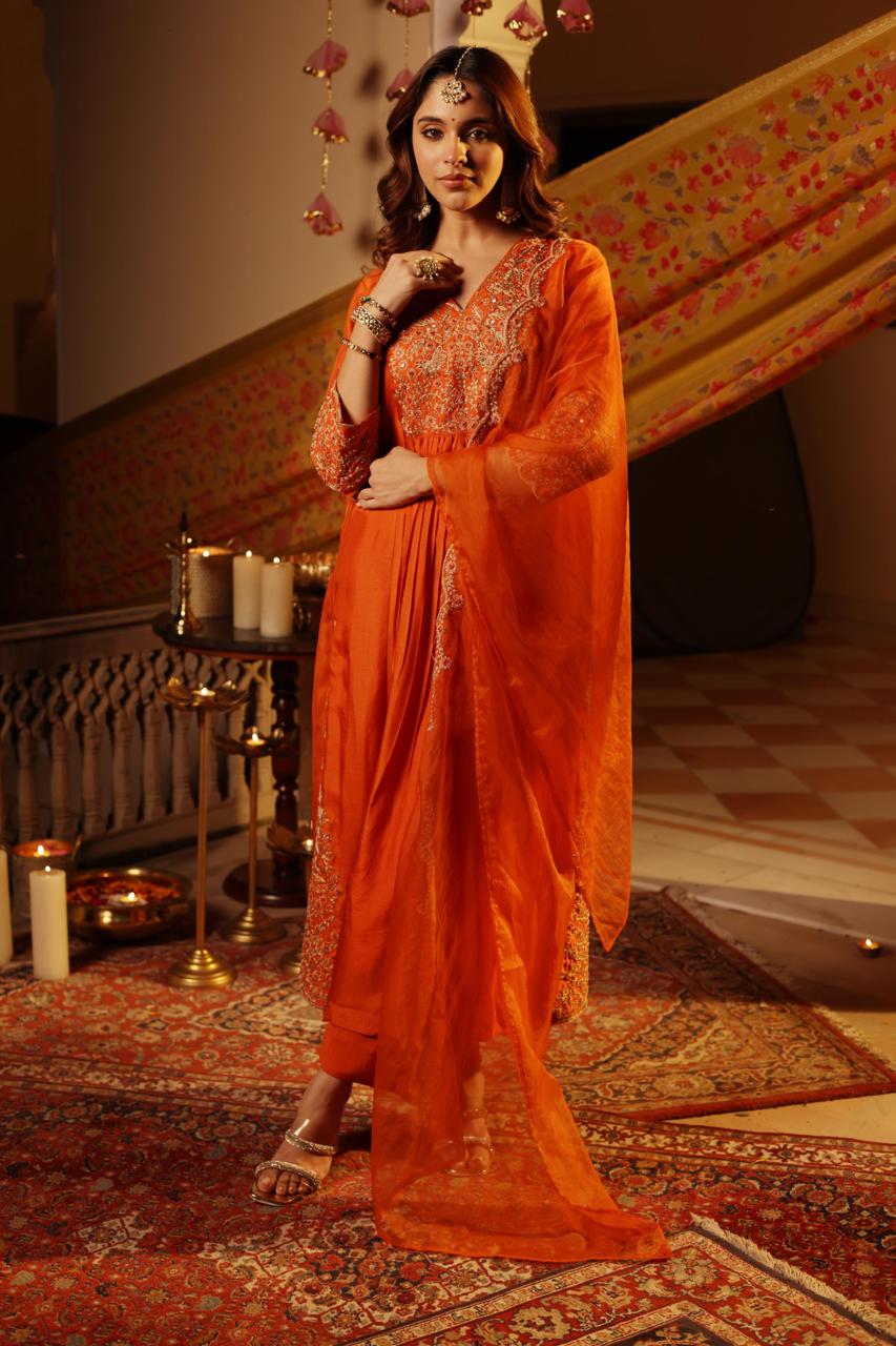 Gulmohar orange embellished straight suit