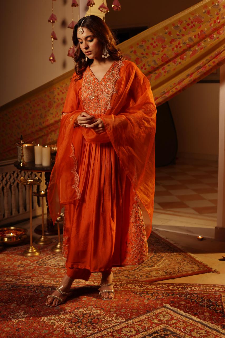 Gulmohar orange embellished straight suit
