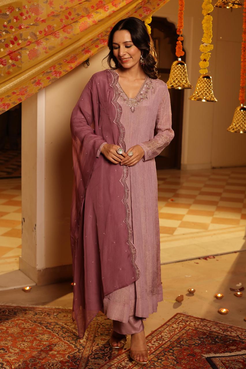 Tissue anarkali suit with contrast mauve dupatta