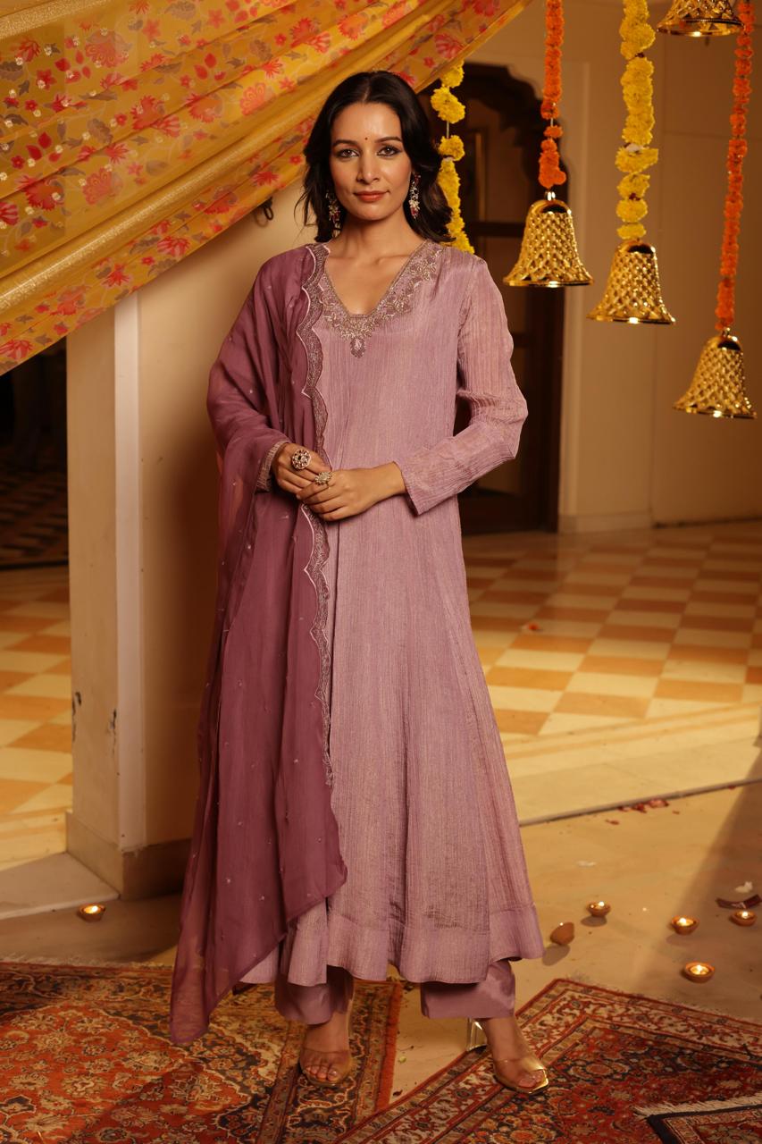 Tissue anarkali suit with contrast mauve dupatta